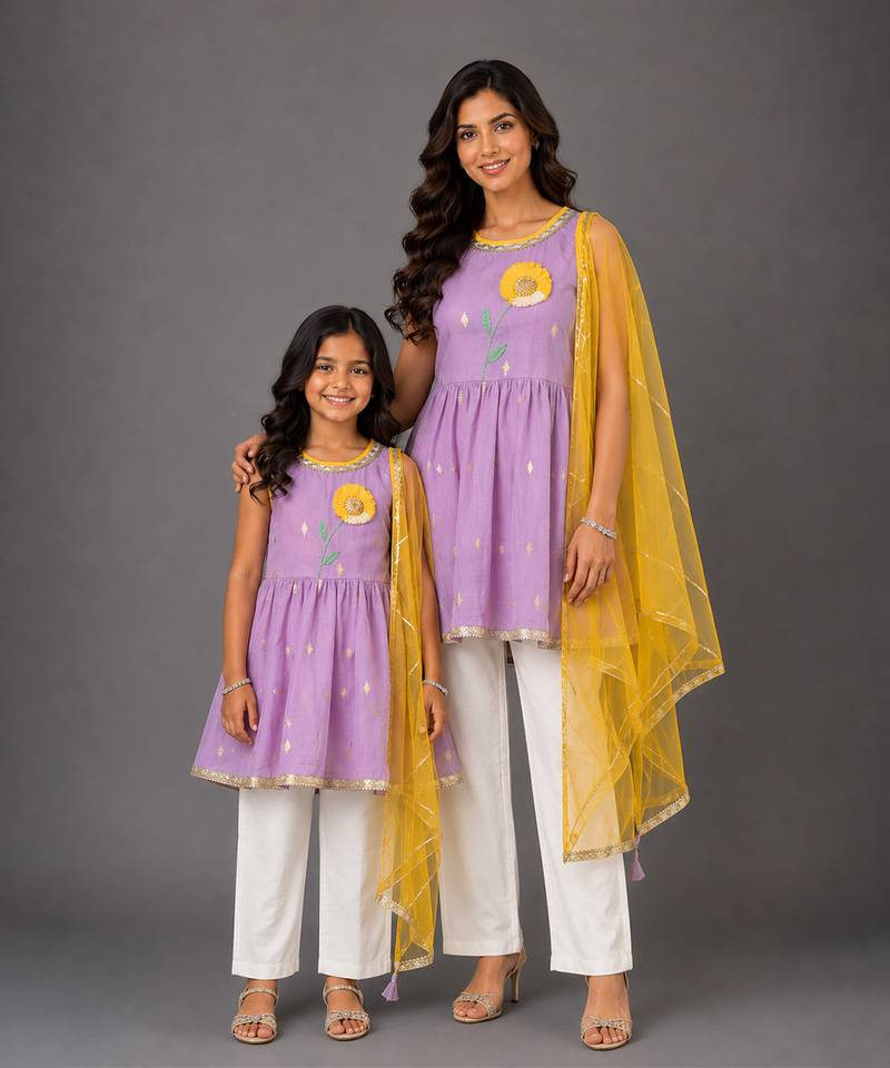 Purple off white embroidered cotton silk mother daughter kurti combo set