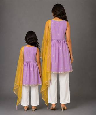 Purple off white embroidered cotton silk mother daughter kurti combo set 2
