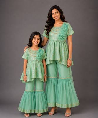 Green embroidered cotton silk mother daughter sharara combo set 1