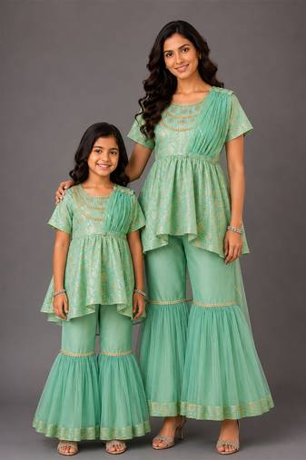 Green embroidered cotton silk mother daughter sharara combo set