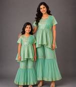 Green embroidered cotton silk mother daughter sharara combo set