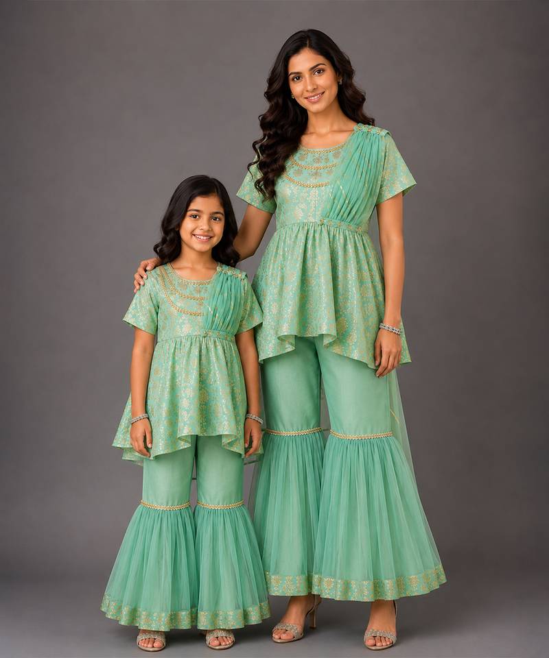 Green embroidered cotton silk mother daughter sharara combo set
