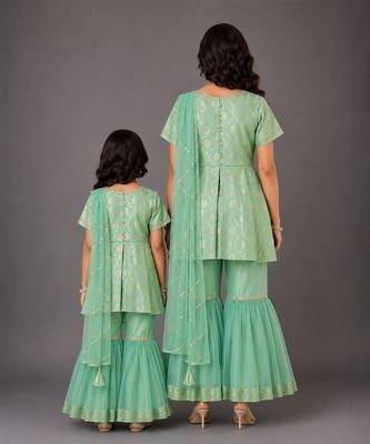 Green embroidered cotton silk mother daughter sharara combo set 2