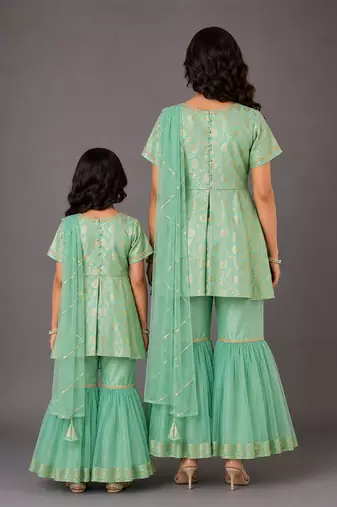 Green embroidered cotton silk mother daughter sharara combo set