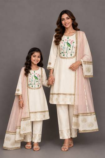 Off white baby pink embroidered velvet chanderi mother daughter kurti combo set