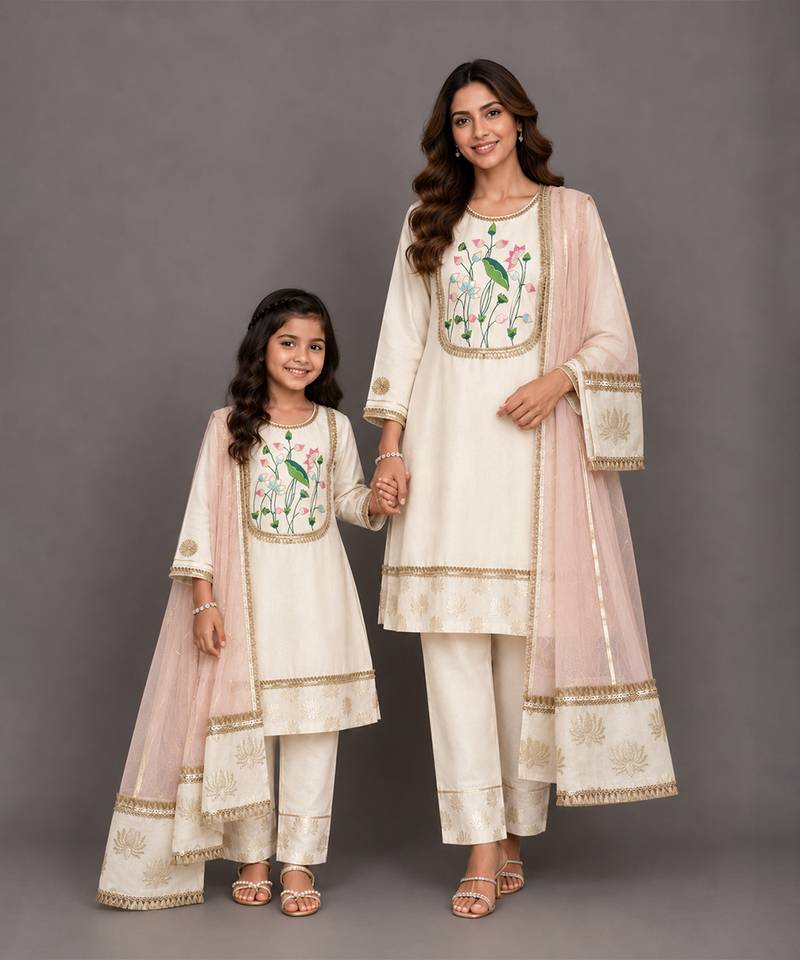 Off white baby pink embroidered velvet chanderi mother daughter kurti combo set