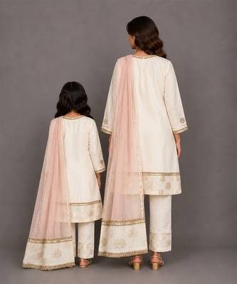 Off white baby pink embroidered velvet chanderi mother daughter kurti combo set 2