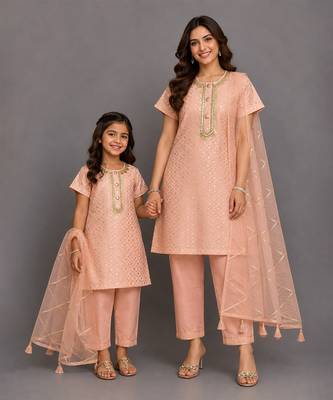 Peach embroidered chanderi cotton silk mother daughter kurti combo set 1