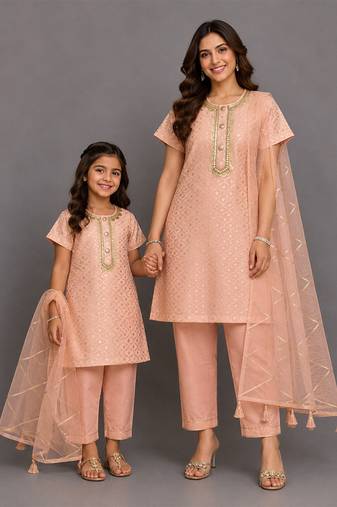 Peach embroidered chanderi cotton silk mother daughter kurti combo set