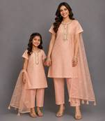 Peach embroidered chanderi cotton silk mother daughter kurti combo set