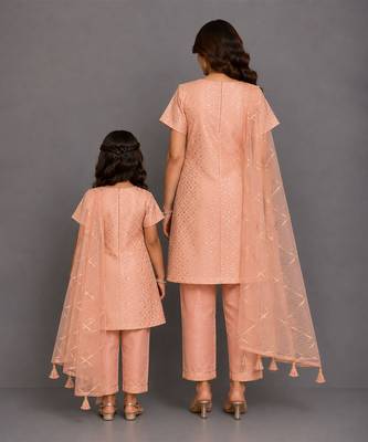 Peach embroidered chanderi cotton silk mother daughter kurti combo set 2