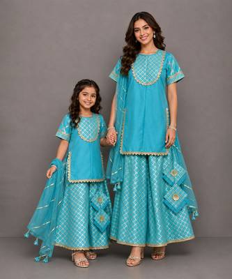 Blue embroidered silk and chanderi mother daughter gharara combo set 1