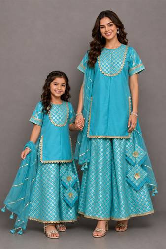 Blue embroidered silk and chanderi mother daughter gharara combo set
