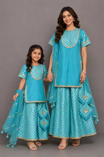 Blue embroidered silk and chanderi mother daughter gharara combo set