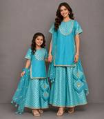 Blue embroidered silk and chanderi mother daughter gharara combo set