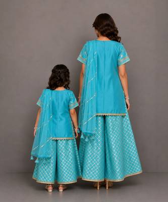 Blue embroidered silk and chanderi mother daughter gharara combo set 2