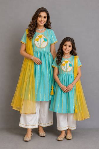 Blue off white embroidered cotton silk mother daughter kurti combo set