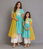 Blue off white embroidered cotton silk mother daughter kurti combo set