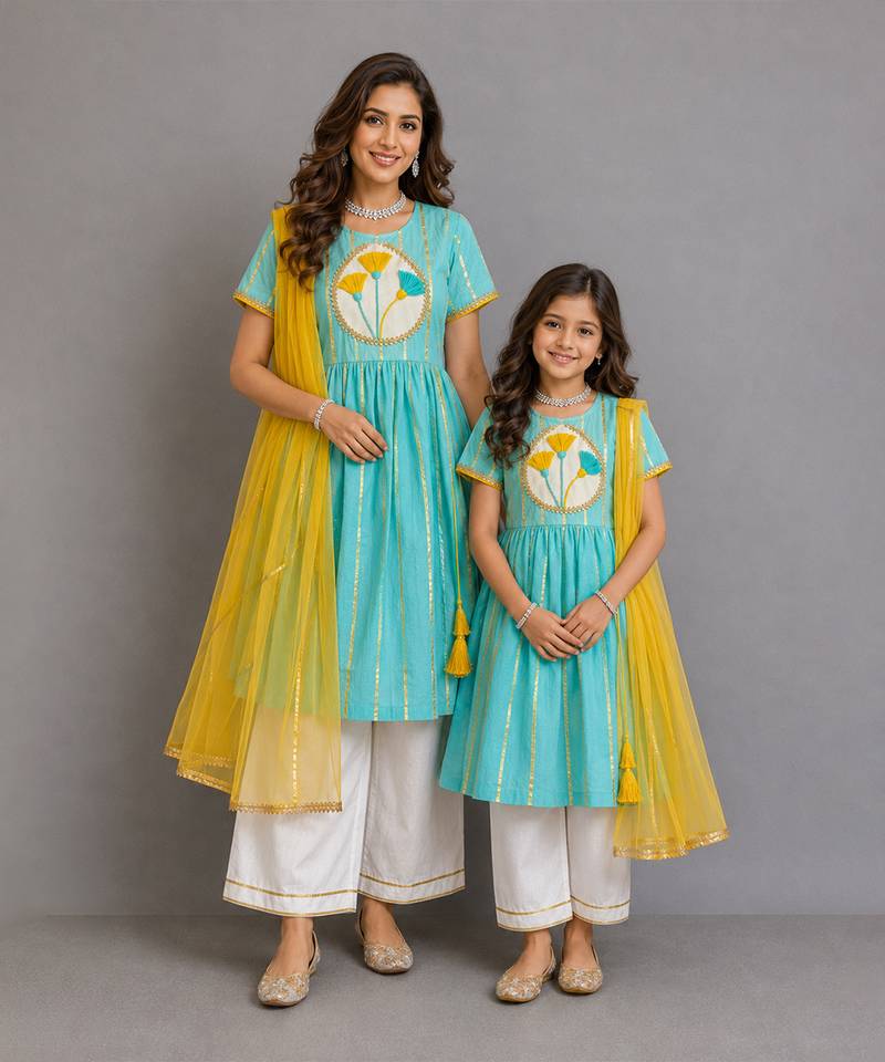 Blue off white embroidered cotton silk mother daughter kurti combo set