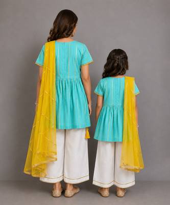Blue off white embroidered cotton silk mother daughter kurti combo set 2