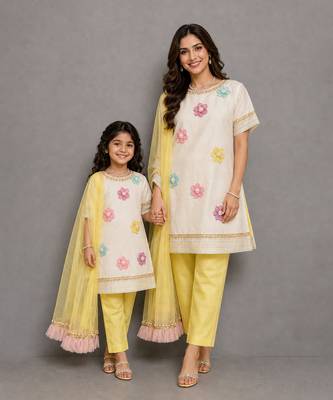 Off white yellow embroidered cotton silk organza mother daughter kurti combo set 1