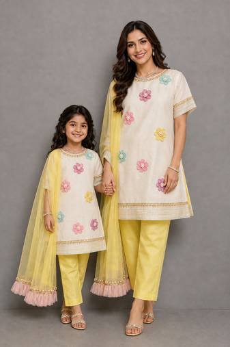 Off white yellow embroidered cotton silk organza mother daughter kurti combo set