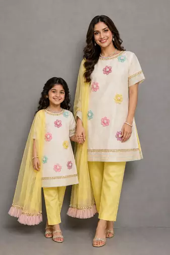 Off white yellow embroidered cotton silk organza mother daughter kurti combo set