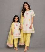 Off white yellow embroidered cotton silk organza mother daughter kurti combo set