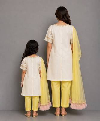 Off white yellow embroidered cotton silk organza mother daughter kurti combo set 2