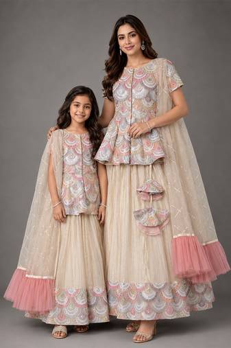 Off white embroidered cotton silk kurti mother daughter lehenga combo set
