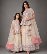 Off white embroidered cotton silk kurti mother daughter lehenga combo set
