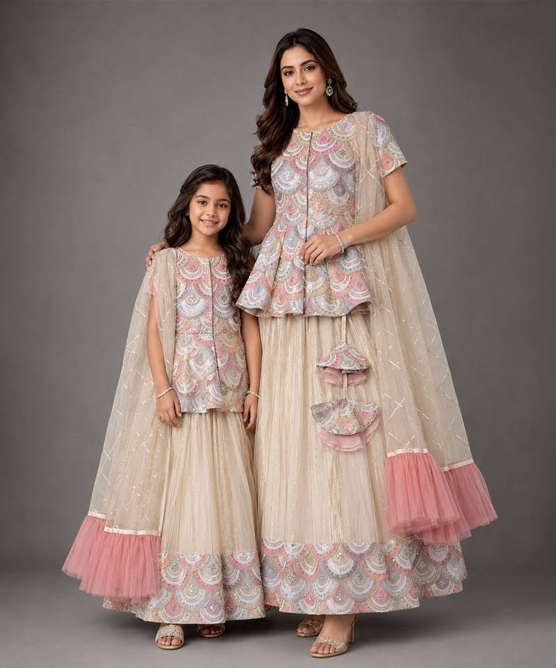 Off white embroidered cotton silk kurti mother daughter lehenga combo set