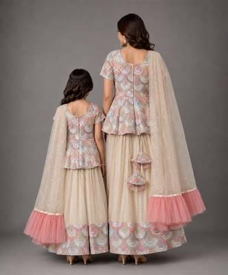 Off white embroidered cotton silk kurti mother daughter lehenga combo set 2