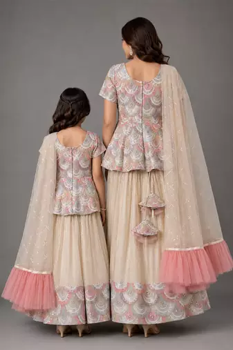 Off white embroidered cotton silk kurti mother daughter lehenga combo set
