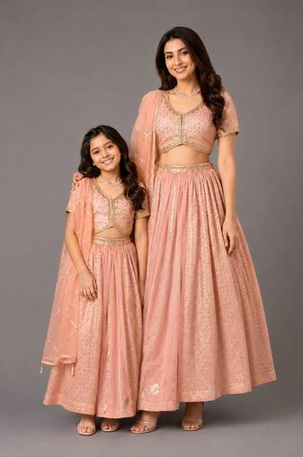 Peach embroidered chanderi organza mother daughter lehenga combo set