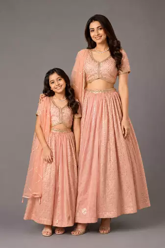 Peach embroidered chanderi organza mother daughter lehenga combo set