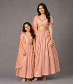 Peach embroidered chanderi organza mother daughter lehenga combo set