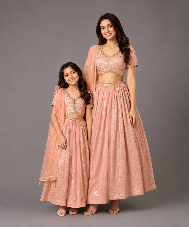 Peach embroidered chanderi organza mother daughter lehenga combo set