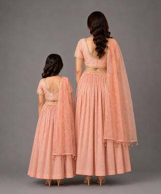 Peach embroidered chanderi organza mother daughter lehenga combo set 2