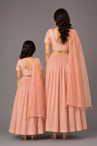 Peach embroidered chanderi organza mother daughter lehenga combo set