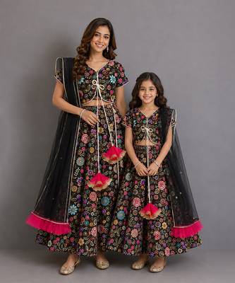 Black multicolored embroidered organza mother daughter lehenga combo set 1