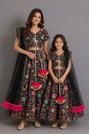 Black multicolored embroidered organza mother daughter lehenga combo set