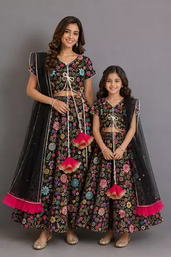 Black multicolored embroidered organza mother daughter lehenga combo set