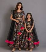 Black multicolored embroidered organza mother daughter lehenga combo set