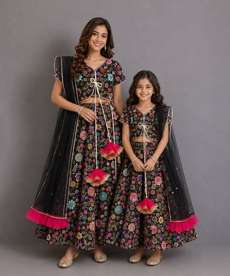 Black multicolored embroidered organza mother daughter lehenga combo set