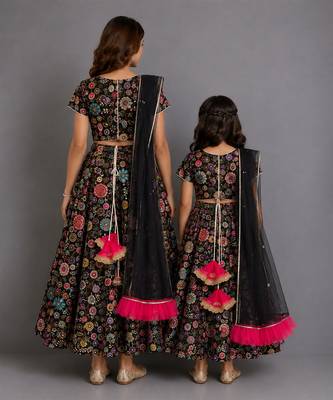 Black multicolored embroidered organza mother daughter lehenga combo set 2