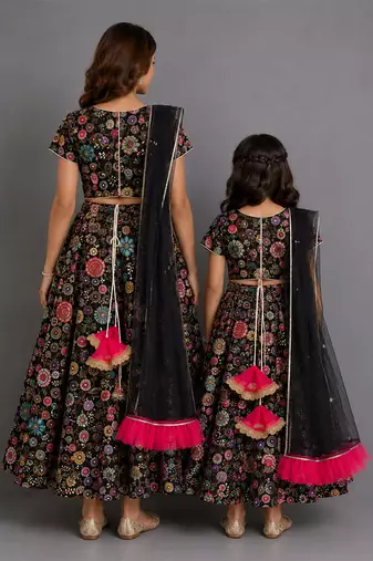 Black multicolored embroidered organza mother daughter lehenga combo set