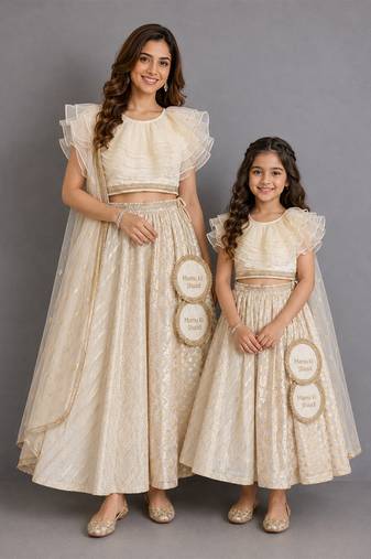 Off white organza chanderi mother daughter lehenga combo set