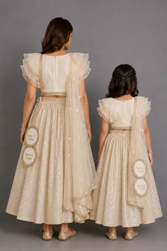Off white organza chanderi mother daughter lehenga combo set