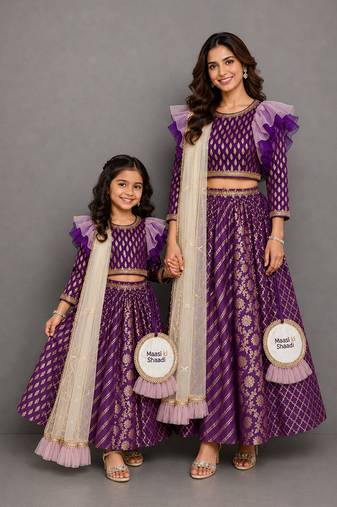 Purple chanderi organza attached dupatta mother daughter lehenga combo set